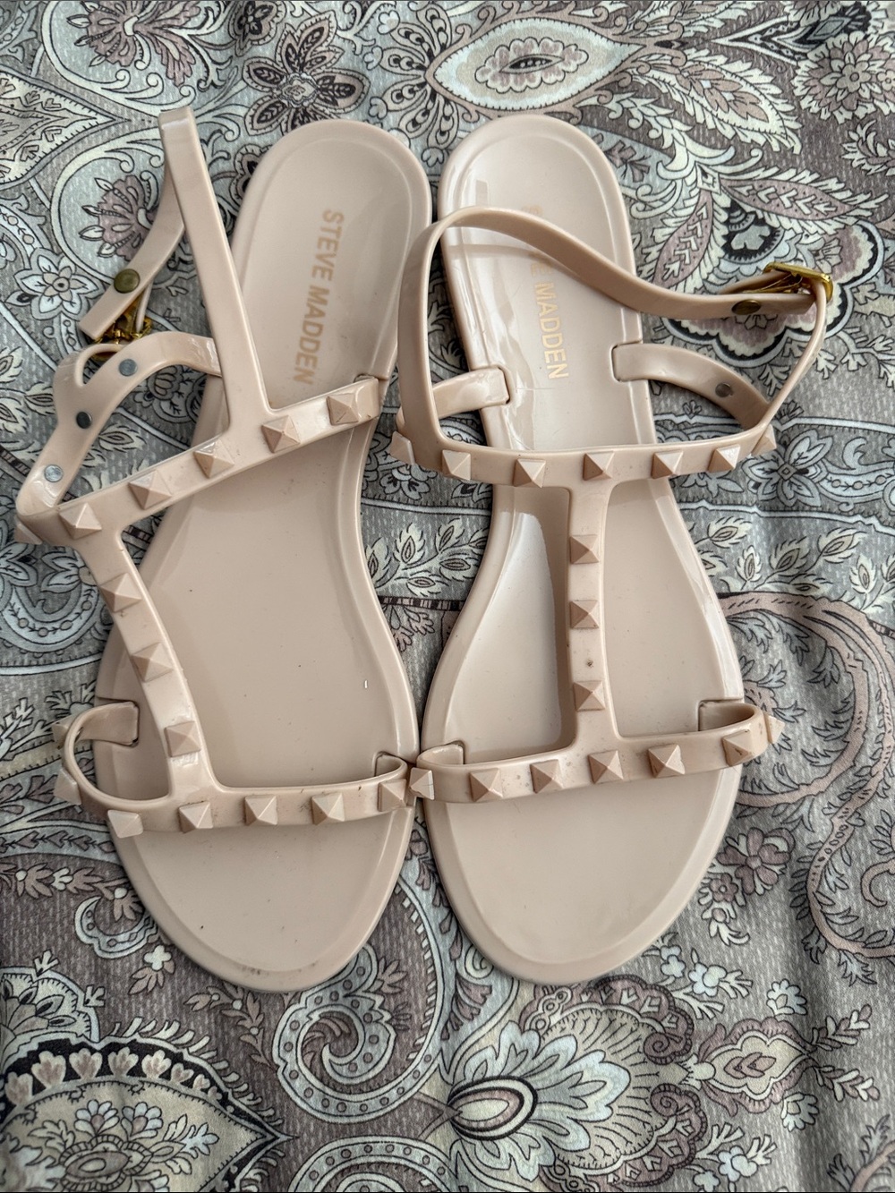 Steve Madden Beige Studded T-Strap Jelly Sandals